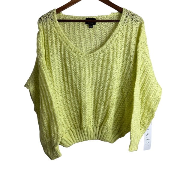 Lumiere Women’s Large Open Knit Sweater Neon Yellow Cropped V-Neck Mohair Blend - Picture 1 of 7